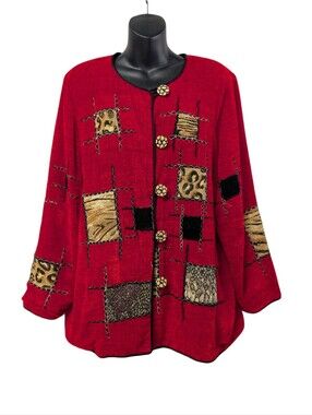 Vintage Allure Women's Size 14/16 Red Animal Print Patchwork Jacket Lined